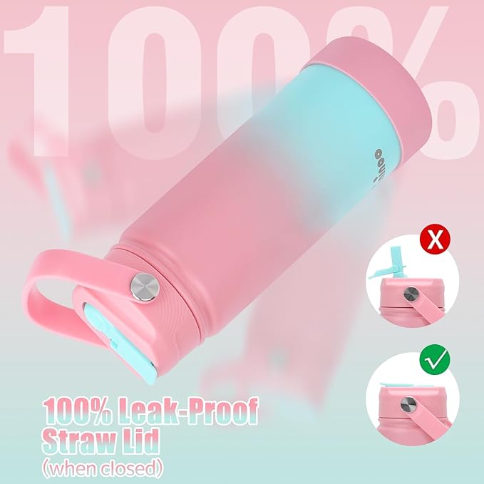 Mininoo Insulated Stainless Steel Kids Water Bottle for School with Straw Lid & Strap, 50 Stickers, 18 oz(Pink/Sky)