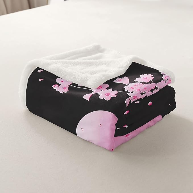 Cherry Blossoms Sherpa Blanket Japanese Plush Pink Moon Flowers Fleece Throw for Kids Adults Exotic Fuzzy Ultra Soft Black Bed Couch Chair Room Decor 50x60 Inch