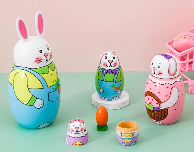 Cute Cartoon Rabbit Nesting Dolls Wooden Matryoshka Russian Doll Handmade Stacking Toy Set 5 Pieces for Kids