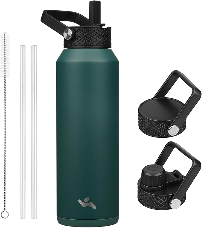 40oz Insulated Stainless Steel Water Bottle with Straw and 3 Lids, BPA-Free Sports Water Bottle,travel water bottle,Green