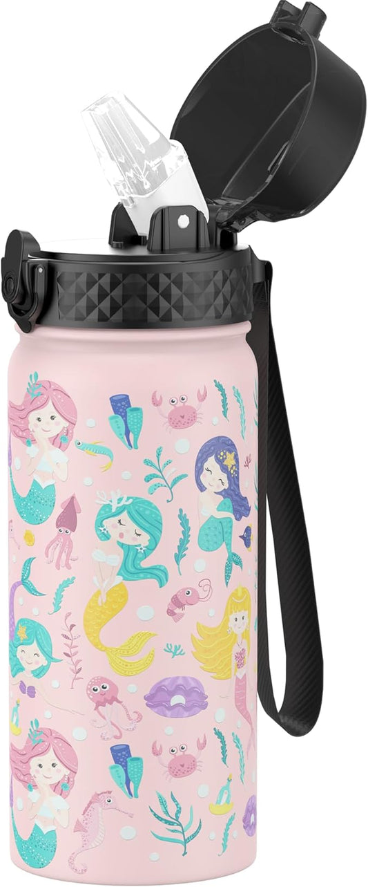 GOPPUS Kids Water Bottle (Straw Lid) - 18 Oz Stainless Steel Travel Bottle, Double Wall Vacuum Leak Proof Kids Cup for School Boys Girls,Happy Mermaids