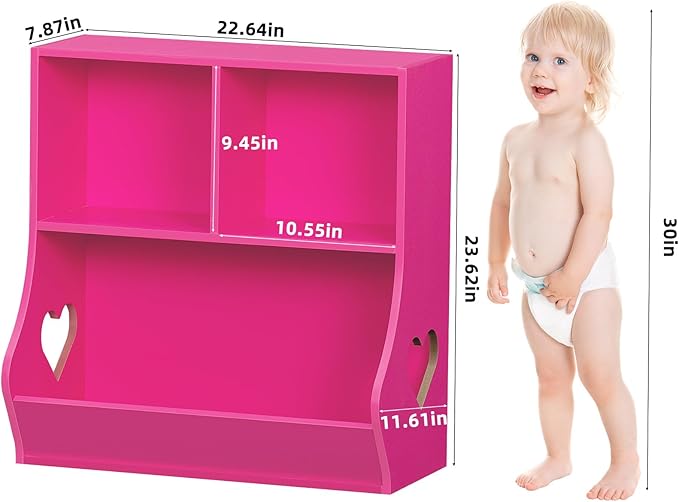 Lerliuo Baby Toddler Bookshelf and Storage Organizer, Kids Cabinet and Bookcase, Wooden 3 Cubby Children Book Shelf for Playroom, Bedroom, Nursery, School 23.62'' H (Pink)