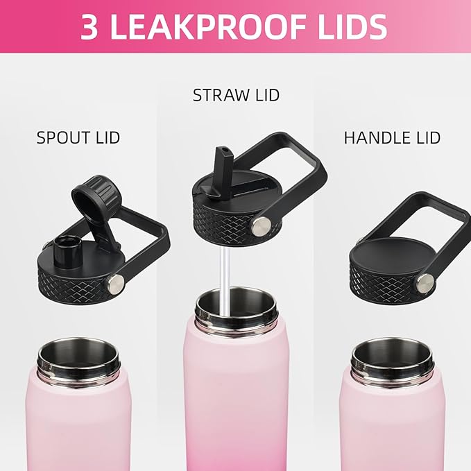 40oz Insulated Stainless Steel Water Bottle with Straw and 3 Lids, BPA-Free Sports Water Bottle,travel water bottle,Cherry Blossom