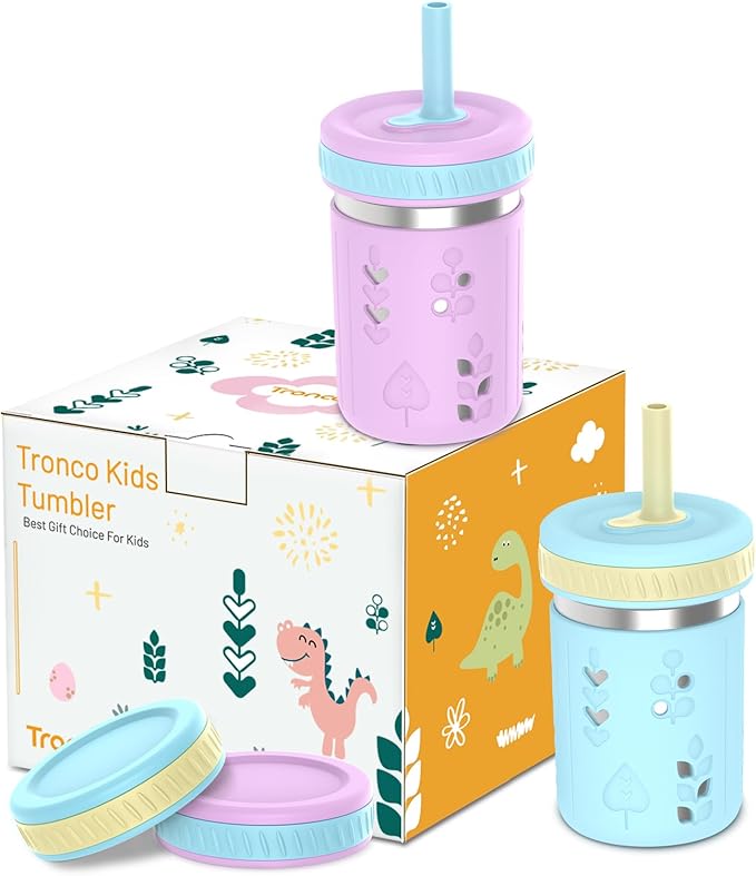 Tronco [2 Pack] 10 oz 2-in-1 Stainless Steel Kids Tumbler Cups with Silicone Sleeves, Spill-Resistant Flexible Straws & Storage Lids, BPA-Free Smoothie and Snack Cups, Dishwasher Safe