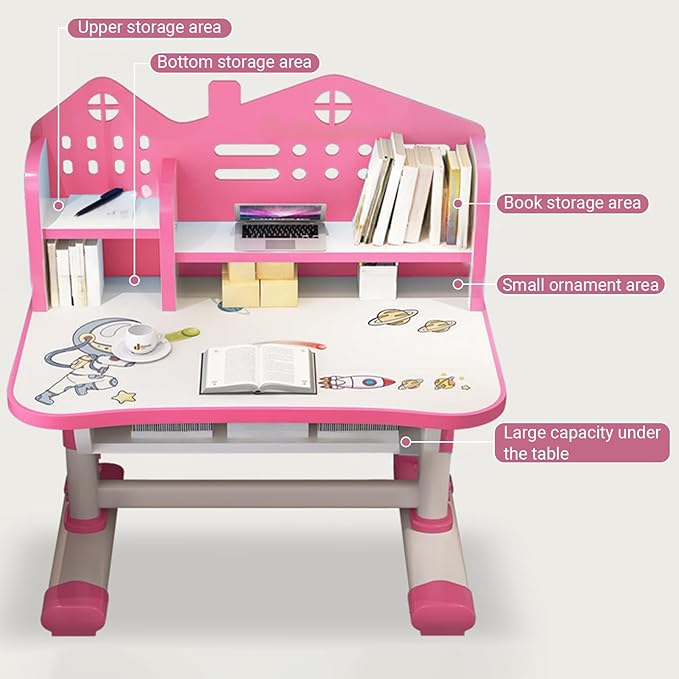 Kids Adjustable Study Desk & Chair Set w/ Storage,Drawers,Bookshelf,Child Toddler Writing Homework Table,Little Girl Work Computer Desk,Princess Preschool Table,Escritorio Mesas Para Niña (Pink B)