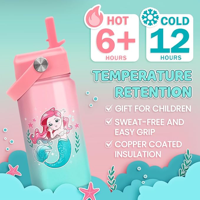 Mermaid Water Bottle for Girls - Kids Water Bottle with Straw Lid - 12 Oz Insulated Stainless Steel Water Bottles - Travel Cup for School Sports