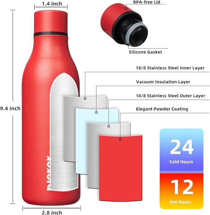 BJPKPK Insulated Water Bottles, 18 oz Stainless Steel Metal Water Bottle with Strap, BPA Free Leak Proof Thermo, Mugs, Flasks, Reusable Water Bottle for Sports & Travel, Red