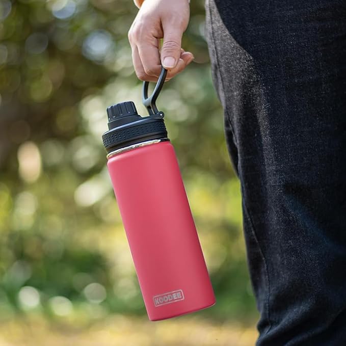 koodee Insulated Water Bottle, 18oz Stainless Steel Double Wall Vacuum Wide Mouth Sport Bottle with Leakproof Spout Lid (Pink Red)