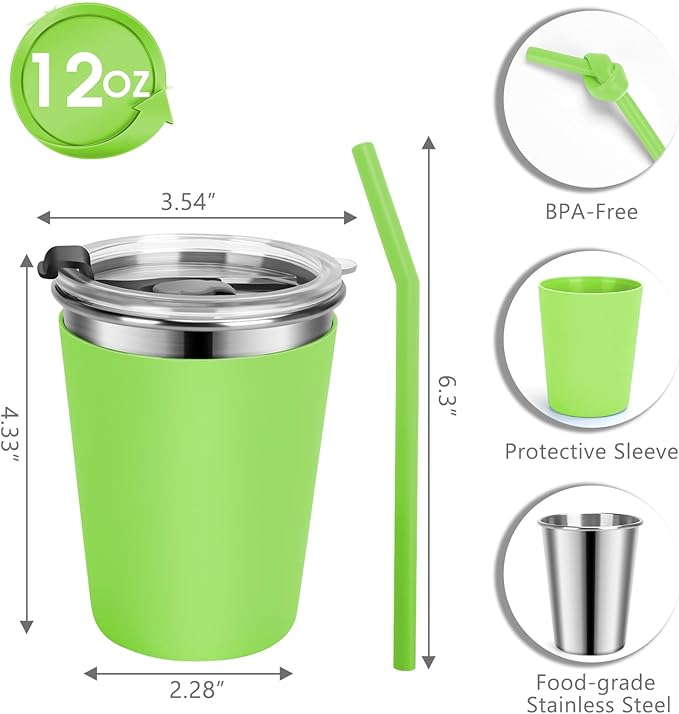 Kids Cups with Straws and Lids Leak Proof, 12oz Sippy Cups for Toddlers 1-3, 2 Pack Spill Proof Cup Stainless Steel Kids Cups with Lids for School, Outdoor (Orange & Green)