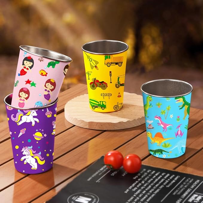 LOZACHE Stainless Steel Kids Cups, 4 Pack 12oz Metal Drinking Pint Cup with Fun Prints (Unicorn, Mermaid, Dinosaur, Vehicles), Stackable Drinking Glasses, BPA Free, Reusable for Home Party Camping