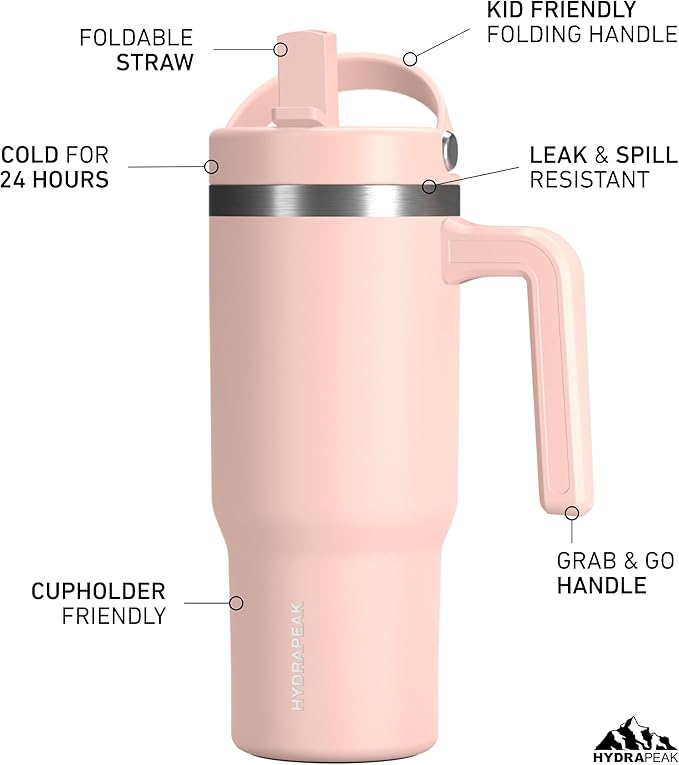 Hydrapeak Kids Voyager 18 oz Tumbler with Handle and Flip-Up Straw Lid | Spill Proof and Leak Resistant | Reusable Stainless Steel Water Bottle | Gift for Kids Boys Girls | Peony