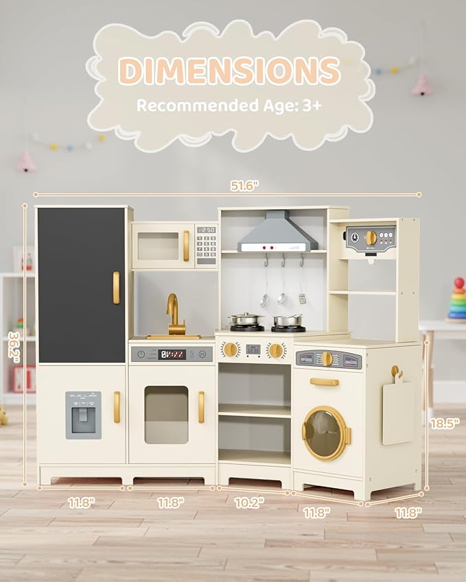 MAMIZO Wooden Corner Play Kitchen, Large Ultimate Interactive Toddler Pretend Kids Kitchen Playset with Blackboard, Stove & Range Hood w/Light & Sound, Ice Maker, Washing Machine, 6 Toy Set (Cream)