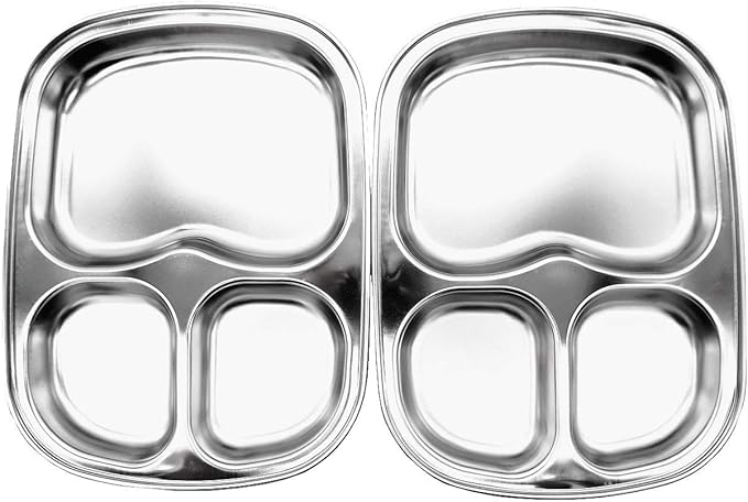 Korean Stainless Steel Divided Plates, Kids Toddlers Babies Tray, BPA Free, Diet Food Control, Camping Dishes, Compact Serving Platter, Dinner Snack, 3 Compartment Plate Silver, Set of 2