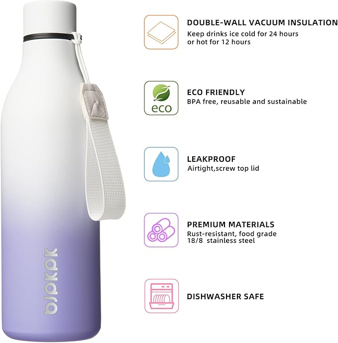 BJPKPK Insulated Water Bottles, 25 oz Stainless Steel Metal Water Bottle with Strap, BPA Free Leak Proof Thermos, Mugs, Flasks, Reusable Water Bottle for Sports & Travel, Lilac Elegance
