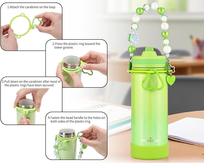 Mininoo Kids Water Bottle for School - 16 oz Stainless Steel Insulated Water Bottle with Ceramic-Lined, Leakproof Straw Lid & Beaded Handle for Girls & Boys