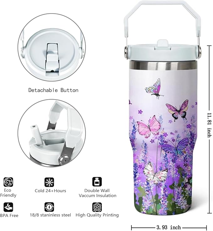 30 Oz Flip Tumbler with Handle Lid and Straw,Purple Butterfly Reusable Tumbler Water Bottle Travel Coffee Cup Mug,Butterfly Gifts for Women Mom Daughter Girlfriend Teenage Girls Bridesmaid