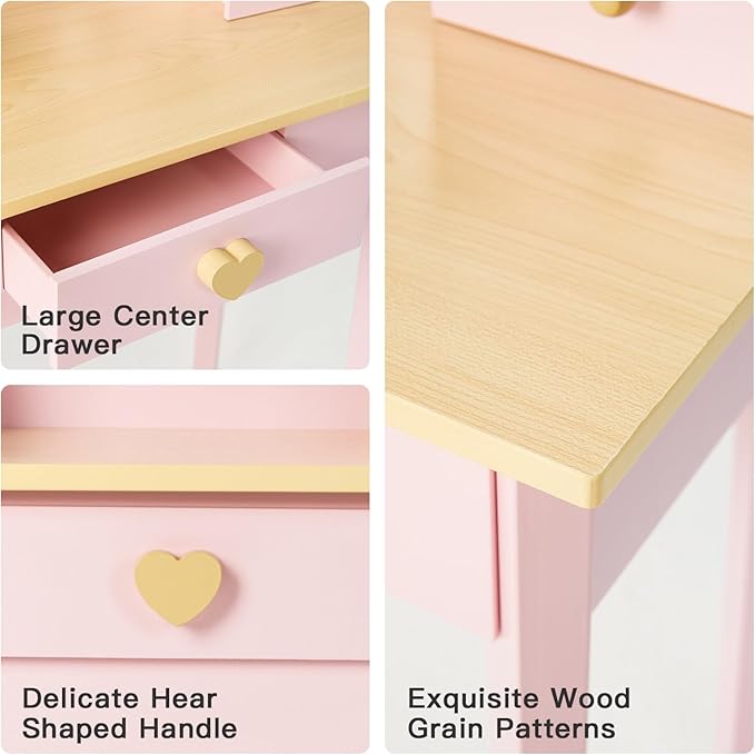 labebe Kids Vanity, Girls Vanity Desk with LED Changing Lights, Pretend Play Princess Vanity Set, Wooden Toddler Makeup Desk Dressing Table with Drawer and Chair (Pink)