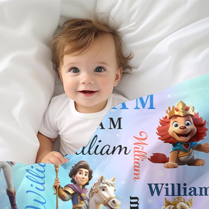 Custom Blanket with Name Personalized Prince Blanket Soft Flannel Throw Blanket for Toddler Kids Boys Birthday Baby Shower
