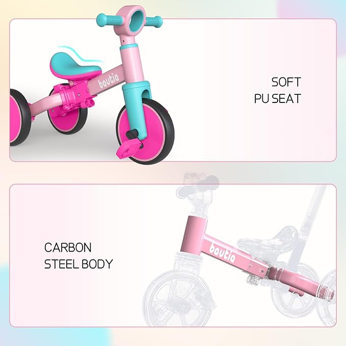 Kids Tricycle with Push Handle for Toddlers 1-4 Years Old Boys Girls Gift, 5 in 1 Baby Balance Bike for Toddlers 1-3 with Removable Pedals (No Parent Steering Version)