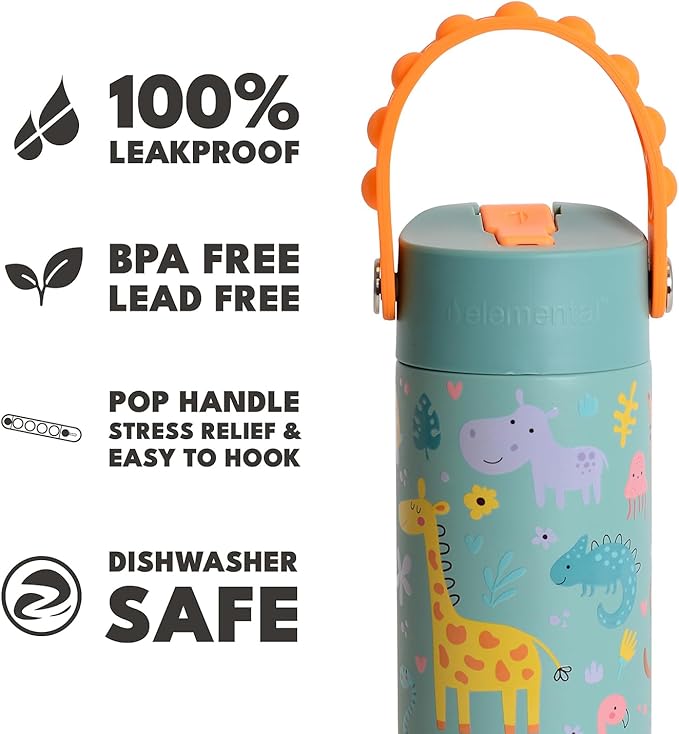 Elemental Insulated Kids Water Bottle, Stainless Steel Water Bottle with Straw Lid & Pop-It Handle, Leak-Proof Water Bottles for School, Boys or Girls, Travelling and Sports, 18oz - Safari