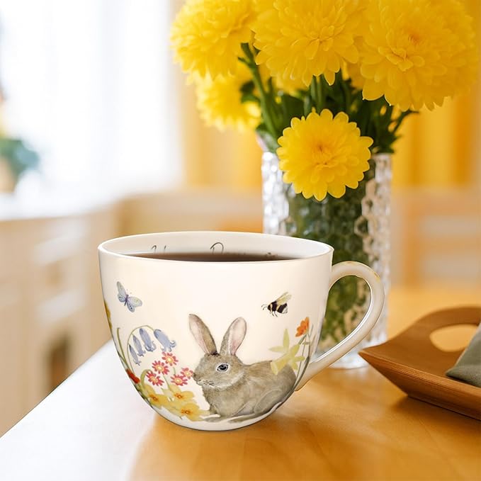 20 oz Rabbit Coffee Hug Mug, Spring Flowers & Happy Days Slogan, Premium Bone China Cute Bunny Mug, Perfect Birthday and Christmas Gift for Women, Designed in England by Harvest Green Studio