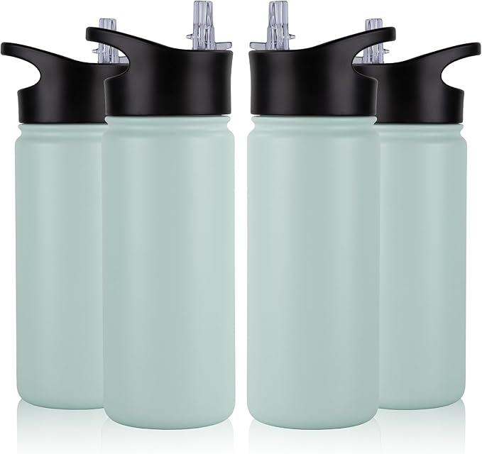 16 oz Insulated Water Bottle Bulk 4 Pack, Straw & Spout Lid, Keep Cold 24H, Spill Proof, BPA-Free, Double Wall, Stainless Steel Kids Water Bottles for School, Sports, Turquoise Blue