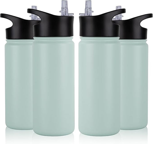 16 oz Insulated Water Bottle Bulk 4 Pack, Straw & Spout Lid, Keep Cold 24H, Spill Proof, BPA-Free, Double Wall, Stainless Steel Kids Water Bottles for School, Sports, Turquoise Blue