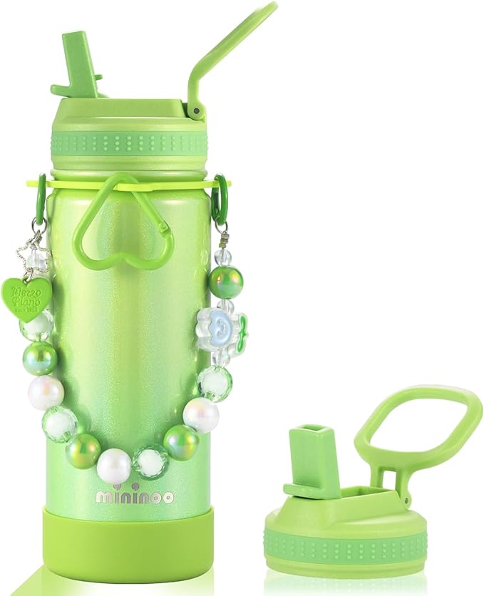 Mininoo Kids Water Bottle for School - 16 oz Stainless Steel Insulated Water Bottle with Ceramic-Lined, Leakproof Straw Lid & Beaded Handle for Girls & Boys