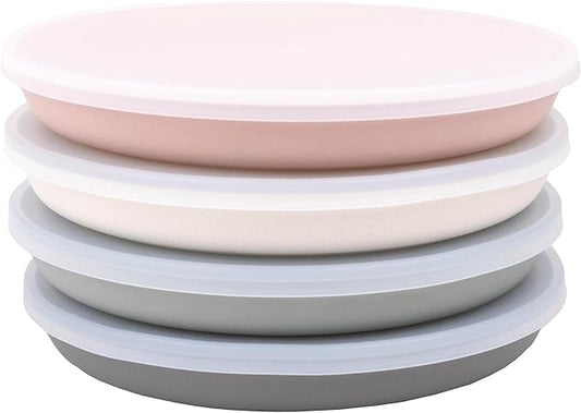 WeeSprout Bamboo Plates with Silicone Lids, Set of 4, Kid-Sized Dinnerware, Cereal, Leftovers & Snacks, Dishwasher Safe Melamine Dishware (Pink, Green, Gray, and Beige)