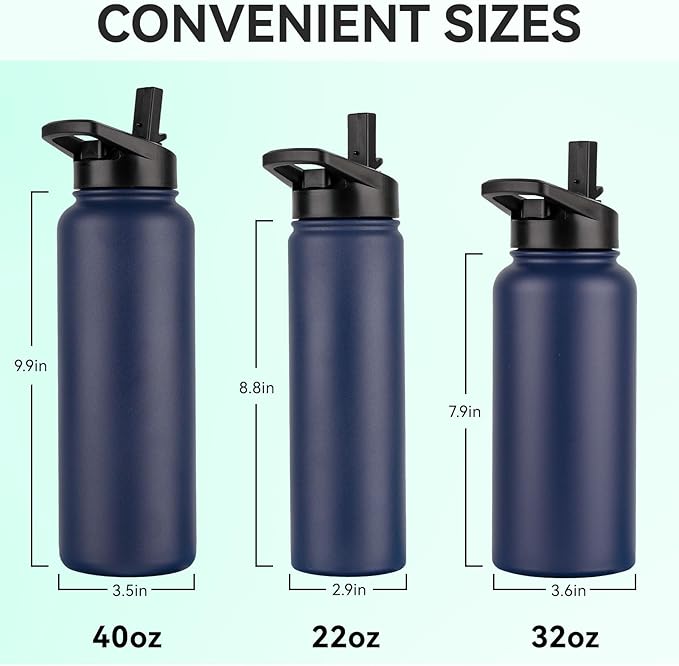 DOMICARE 40 oz Insulated Water Bottle Bulk, Vacuum Insulated Stainless Steel Sports Water Bottle with Straw Lid & Spout Lid, Leakproof, Reusable - Travel, Camping, Bike, Navy Blue (4 Pack)