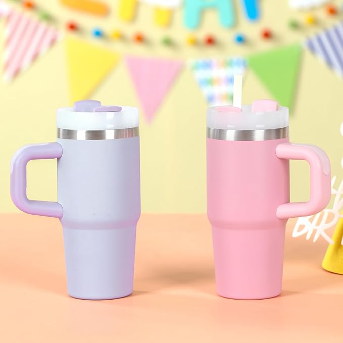 Cosictic 14 Oz Tumbler with Handle and Straw for Kids, Stainless Steel Double Wall Vacuum Insulated Cup for Children, 14 Oz Cups for Kids (Purple)