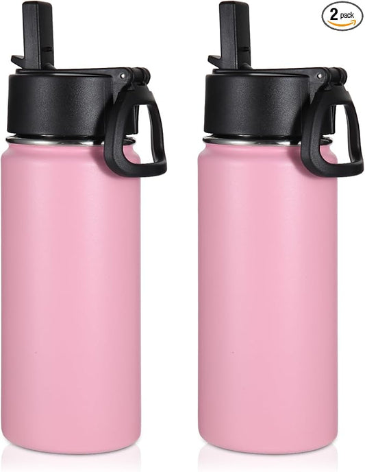Volhoply 16 OZ Kids Water Bottle Bulk 2 Pack,Insulated Sports Bottles with Straw Lid,Stainless Steel Bottle with Handle Keep Cold & Hot,Double Wall Vacuum Tumbler Cups for School,Girls(Pink, 2)