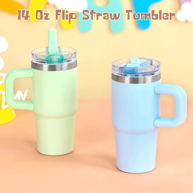 Cosictic 14 Oz Flip Straw Tumbler with Handle for Kids, Stainless Steel Double Wall Insulated Cup for Children with Flip Top Lid, 14 Oz Leak-proof Cups for Kids, Sky Blue and Green