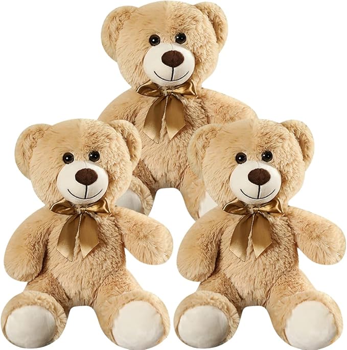 Plush Teddy Bear Cute Stuffed Animal Bear with Bow Plush Toys 13.8 Inches，Pack of 3 Bears (3 Khakis)