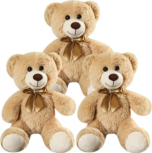 Plush Teddy Bear Cute Stuffed Animal Bear with Bow Plush Toys 13.8 Inches，Pack of 3 Bears (3 Khakis)