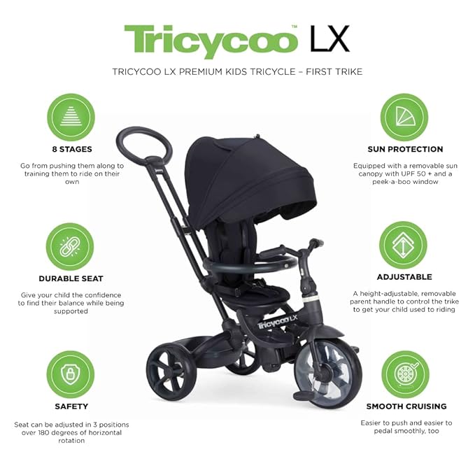 Joovy Tricycoo LX Premium Kids Tricycle with 8 Stages Featuring Chunky Front Tire, Removable and Adjustable Parent Handle, Machine-Washable Seat Pad, and Retractable Canopy, Black, 1 Count (Pack of 1)