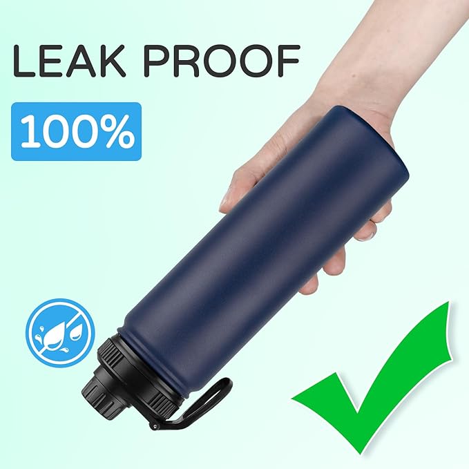 DOMICARE Insulated Water Bottle, 22 oz Vacuum Insulated Stainless Steel Reusable Sports Bottle with Straw Lid & Spout Lid for Travel, Camping, Bike, Leakproof, Navy Blue, 8 Pack