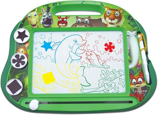 LEXiBOOK, Multicolor Magic Magnetic Animals Drawing Board, Artistic Creative Toy for Girls and Boys, Stylus Pen and Stamps, Green, CRANX550