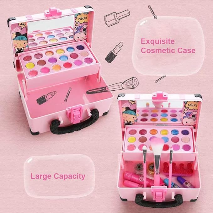 Pongnas Girls Makeup Kit Kids Cosmetics Play Set with 6 Lip Gloss 6 Eye Shadow 6 Cheek Cream 3 Nail Polish Travel Safe Washable Real Makeup for Little Girls