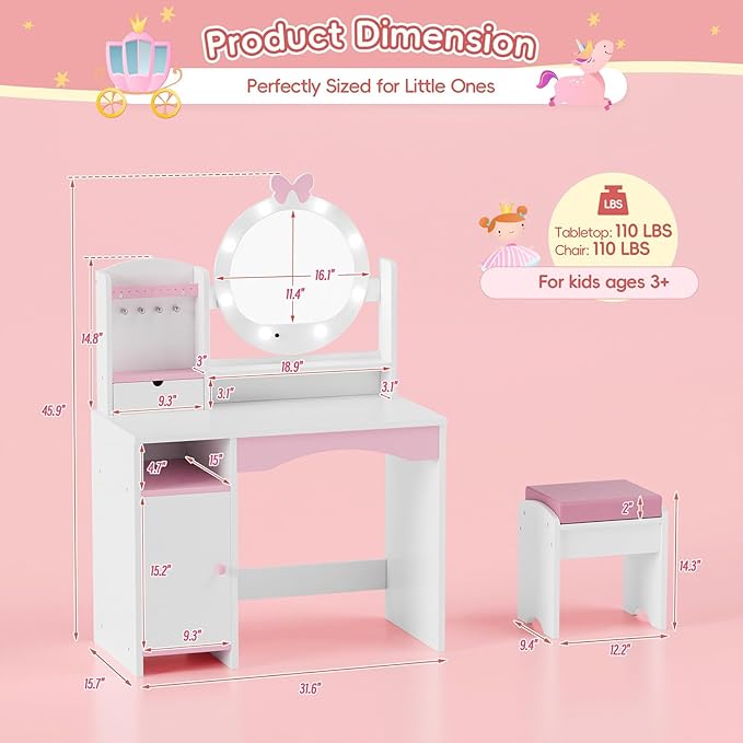 MU Kids Vanity Table and Chair Set – Princess Girls Vanity Set with Mirror, Lights, Jewelry Storage, and Cushioned Stool, Toddler Makeup Vanity for Little Girls, White