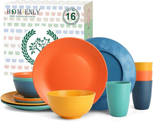 Homienly Dish Set Wheat Straw Dinnerware Sets Unbreakable Reusable Dinnerware Set 16 PCS Cups Plates and Bowls Sets, Microwave and Dishwasher Safe Dishes for Camping, Outdoor - Colorful