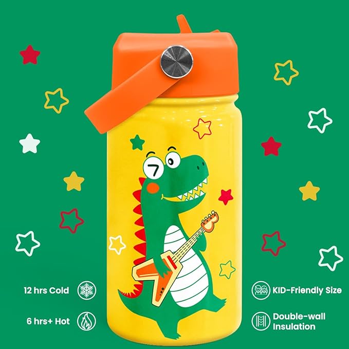 Dinosaurs Water Bottle - Dino Kids Water Bottle with Straw Lid - 12 Oz Insulated Stainless Steel Water Bottles for Kid Boys - Travel Cup for School Sports