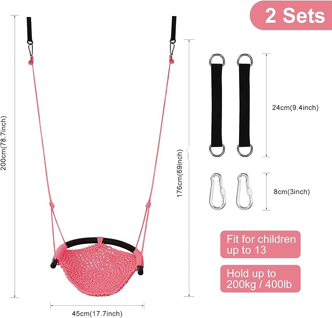 JKsmart 2 Pack Kids Swing Seat, Heavy Duty Rope Play Secure Children Swing Set, Toddler Swing Chair for Outdoor/Indoor/Playground/Home/Tree, with Snap Hooks and Swing Straps,440 lbs Capacity,Pink