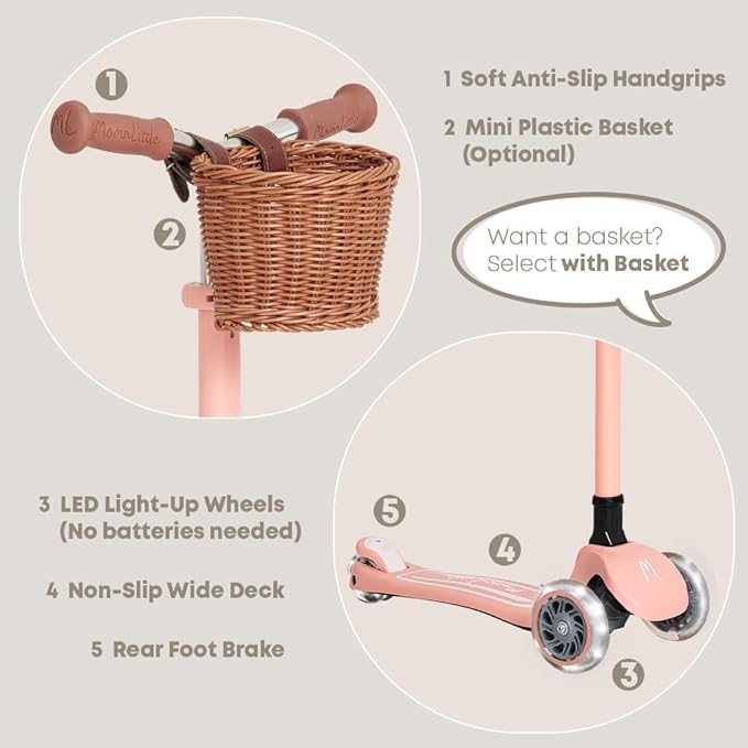 Kick Scooter for Kids Ages 3-10 (Beige/Pink/Navy/White) 3 Wheeled with LED Light-Up Wheels CPSC Certified Foldable and 4 Height Adjustable Toddler Scooters for Boys Girls