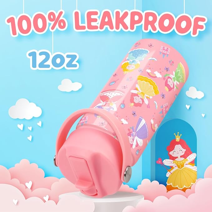 Princess Water Bottle for Girls - Kids Water Bottle with Straw Lid - 12 Oz Insulated Stainless Steel Water Bottles for Kid - Travel Cup for School Sports
