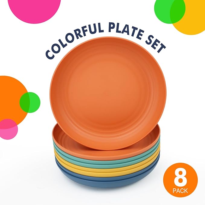 Homienly Deep Dinner Plates Set of 8 Alternative for Plastic Plates Microwave and Dishwasher Safe Wheat Straw Plates for Kitchen Unbreakable Kids Plate Set with 4 Colors (Classic Bright, 9 inch)