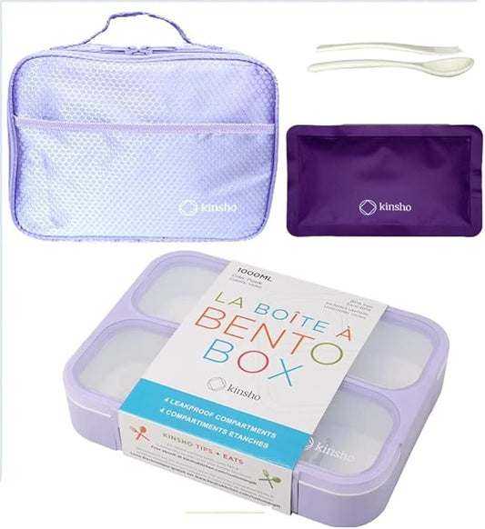 Bento-Box with Lunch Bag and Ice Pack Set. Containers for Kids Girls Adults Snacks and Lunches. 4 Compartments, Leak-proof Portion Container Boxes Insulated Bags for School, Purple