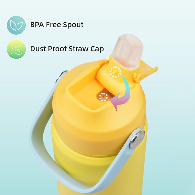 Insulated Water Bottle with Straw Lid,12 oz Stainless Steel Vacuum Metal Bottle with Silicone Handle,Yellow