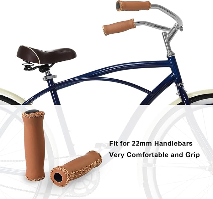 SOLODRIVE Bike Handlebar Grips, Vinyl Leather Grips, Hand-Stitched for Beach Cruiser Bike, Fits Most 22.2mm (7/8") Bicycle Handlebar