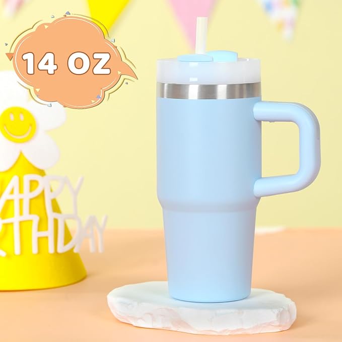Cosictic 14 Oz Tumbler with Handle and Straw for Kids, Stainless Steel Double Wall Vacuum Insulated Cup for Children, 14 Oz Cups for Kids (Sky Blue)